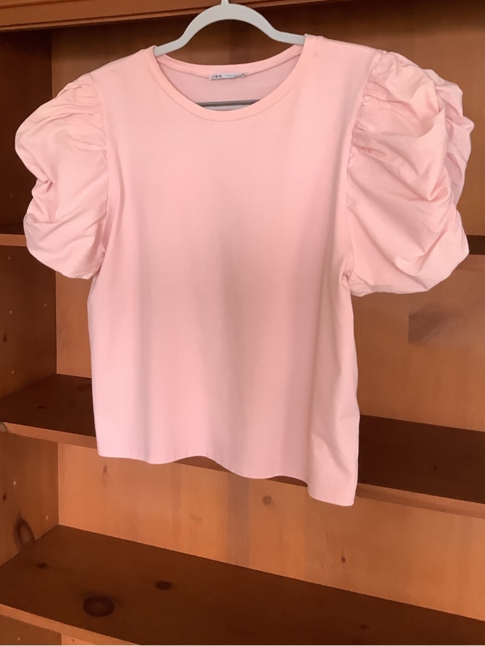Zara Ballon Puff Sleeve Top Tee Light Coral/Pink 100% Cotton Size XL